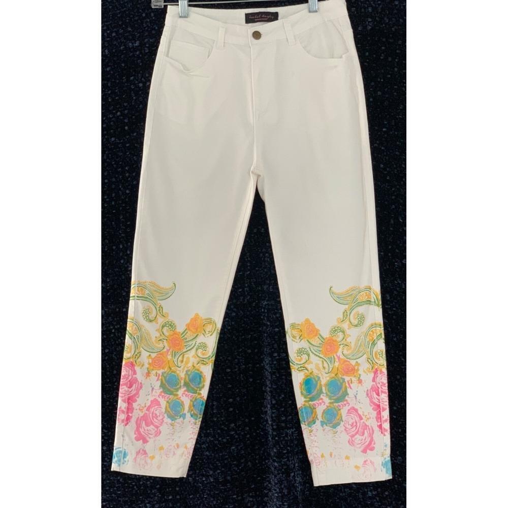 Isabel Hayley White Floral Jean Size 6P Party Casual Coastal (A001)